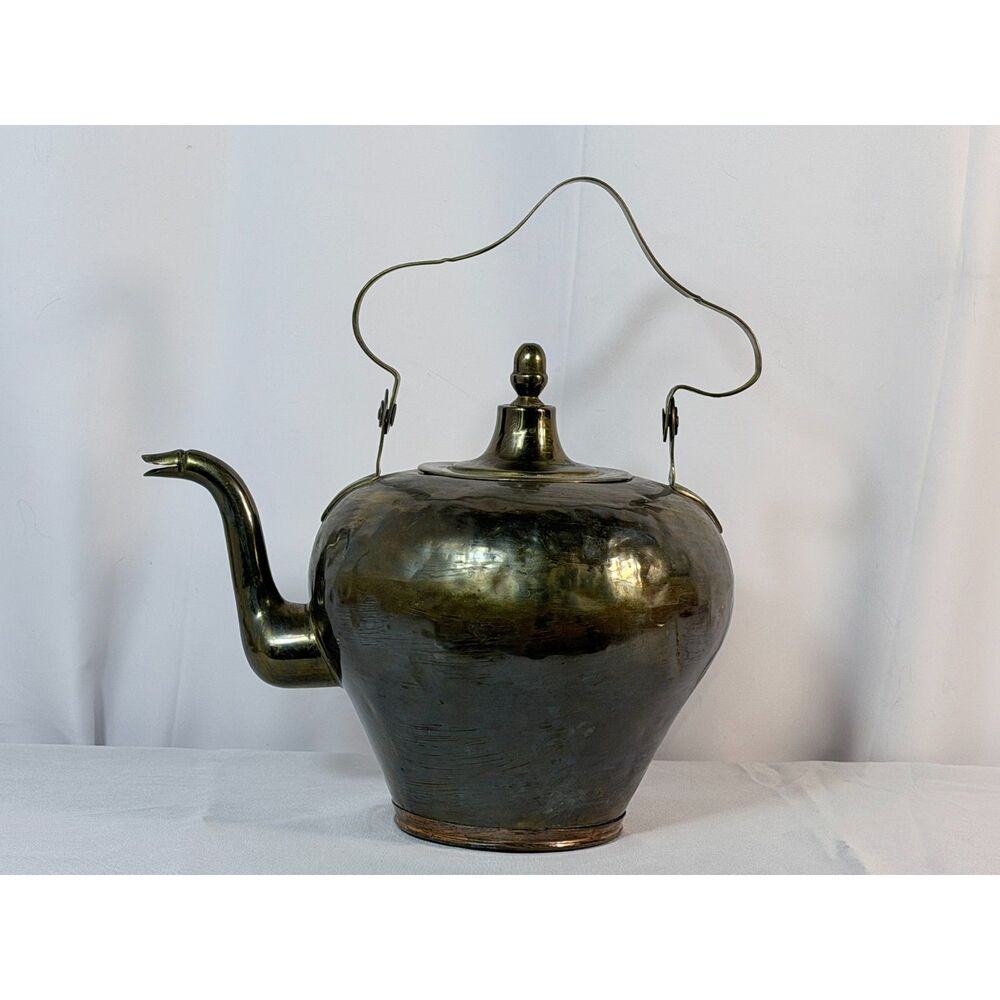 Antique Hammered Copper Brass Teapot Early 19th Century Gooseneck Primitive